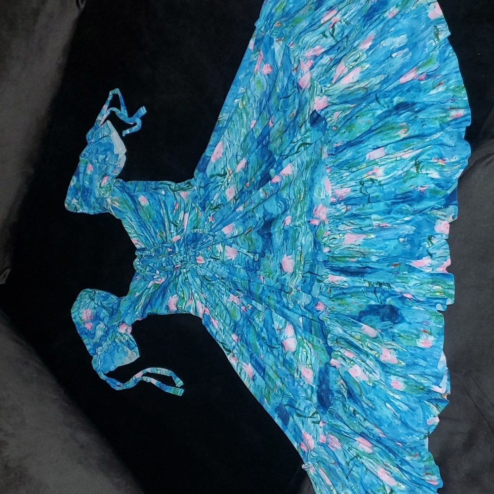 Blackmilk Blue and Pink Mini Dress Monet Water Lilies - Picture 5 of 6